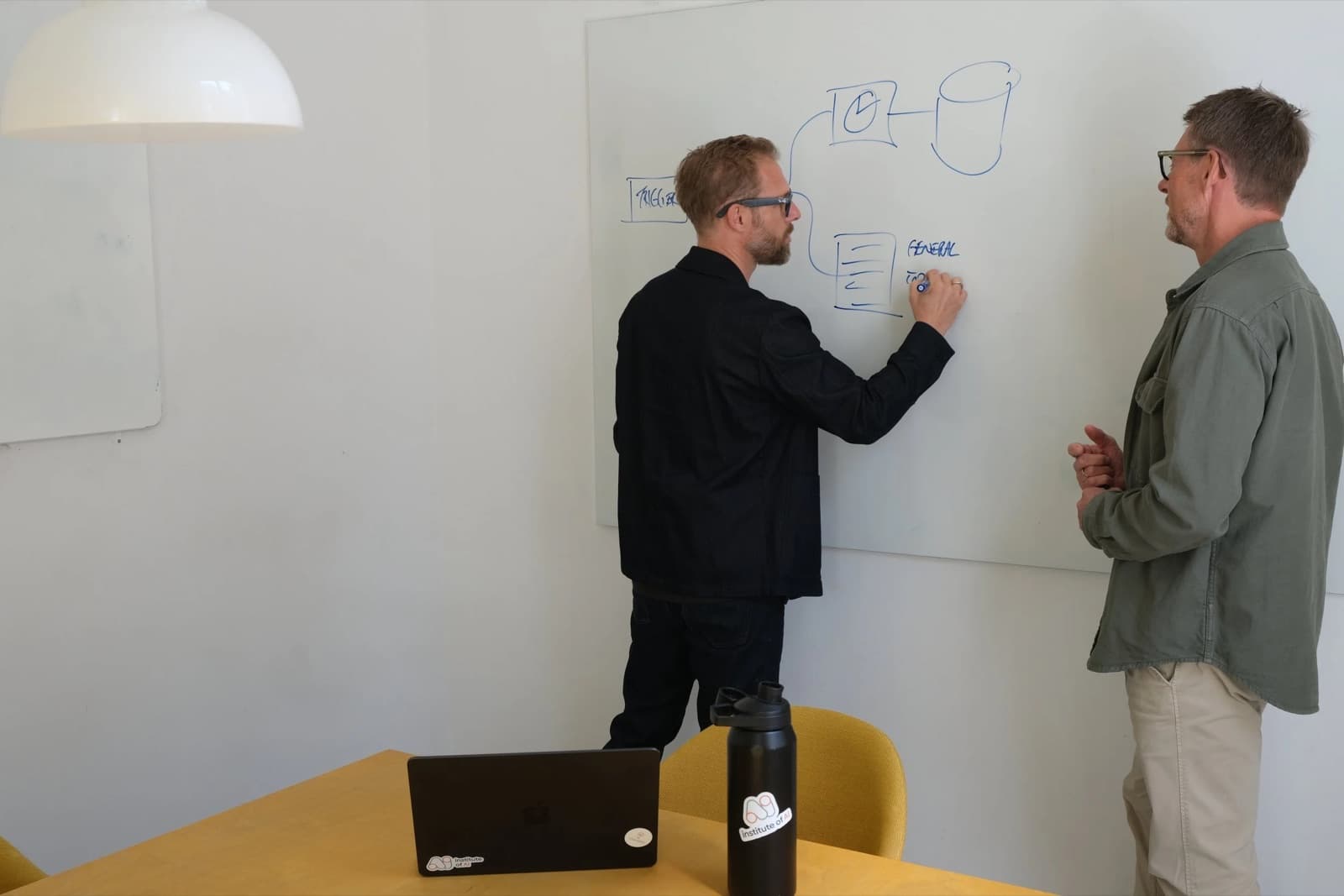 To rådgivere ved et whiteboard