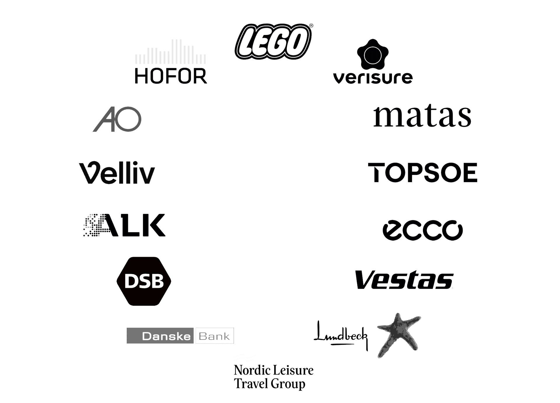 Logoer fra deltagende virksomheder: HOFOR, LEGO, Verisure, AO, Matas, Velliv, Topsoe, ALK, ecco, DSB, Vestas, Danske Bank, Lundbeck og Nordic Leisure Travel Group